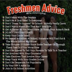 an advertisement with two women standing next to each other and the words, freshmen advice