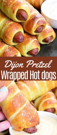 hot dogs wrapped in bread with dipping sauce