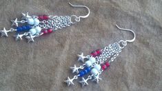 Patriotic Red, White, Blue Five Dangle Chandelier Charm Earrings Patriotic Silver Dangle Earrings, Patriotic Dangle Jewelry For Independence Day, Silver Dangle Patriotic Earrings, Nickel Free Dangle Jewelry For 4th Of July, Red Dangle Jewelry For Independence Day, May 31, Red White Blue, Charm Earrings, White Blue