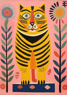 Illustration of a yellow-striped tiger with expressive eyes, surrounded by sunflowers on a pink background, ideal for children's rooms and nurseries. Funky Tiger Art, Funky Colorful Art, Tiger Mural, Tiger Nursery, Trendy Wall Art Prints, Tiger Art Print, Colorful Posters, Tiger Artwork, Tiger Poster