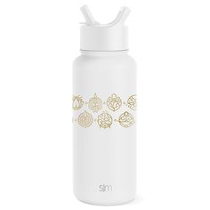 a white water bottle with gold designs on it