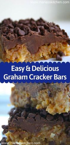 easy and delicious graham cracker bars are stacked on top of each other with chocolate chips