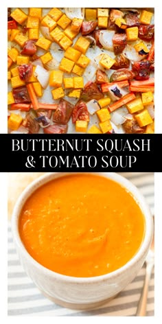 butternut squash and tomato soup in a white bowl on a striped tablecloth with text overlay that reads butternut squash and tomato soup