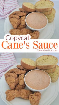 two plates filled with different types of food on top of a white plate and the words copycat cane's sauce above them