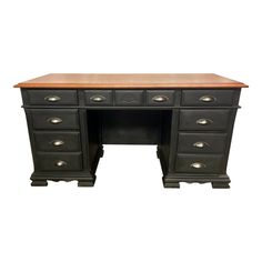 an antique black desk with drawers on top and wood top, against a white background