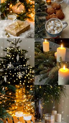 a collage of photos with candles, cookies and marshmallows on them