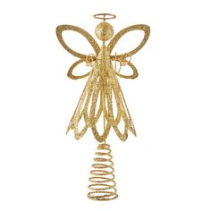 a gold metal angel with wings and spirals on it's back end,