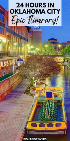 a yellow boat floating on top of a river next to tall buildings