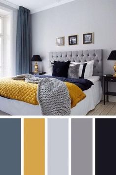 a bedroom with gray and yellow colors in the bed, nightstands, lamps and pictures on the wall