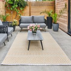 an outdoor living area with couches, tables and potted plants