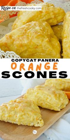 Long pin for Copycat Panera Orange Scones with top image of close up of tray of orange scones dripping with orange glaze, bottom image of orange scones on a wooden platter. Panera Orange Scones, Orange Scones Panera, Orange Scone Recipe, Orange Scones Recipe, Baking Scones, Copycat Panera, Orange Icing, Scones Recipe Easy, Orange Scones