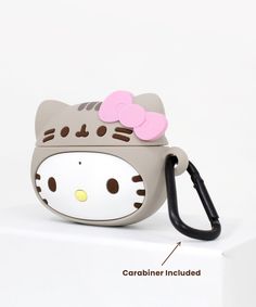 a hello kitty purse with a pink bow on it's head and black carabiner included