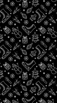 a black and white christmas pattern with snowflakes, stockings, gifts and presents