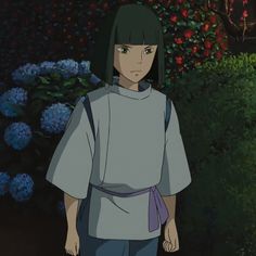 an anime character standing in front of flowers