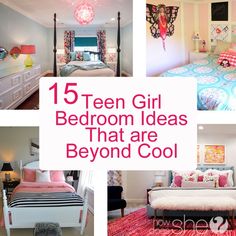 the bedroom is decorated in pink, blue and white with text overlay that reads 15 teen girl bedroom ideas that are beyond cool