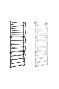 two metal racks are shown side by side, one is black and the other is white