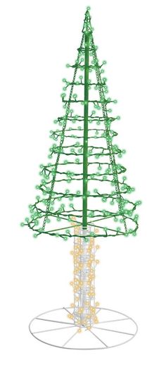 a green christmas tree with lights on it's top and the base is made out of plastic