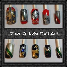 Created some nail art based upon Thor  Loki. Not too bad!! Thor Nail Art, Thor Nails, Avenger Nails, Nerdy Nails, Geeky Fashion, Thor Loki