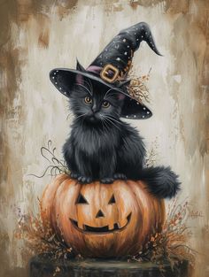 a painting of a black cat wearing a witches hat sitting on top of a pumpkin