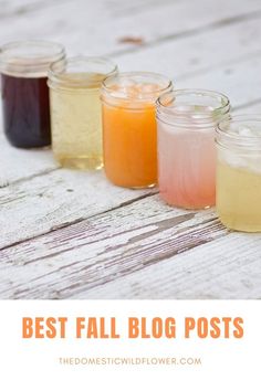 four jars filled with different colored liquid sitting on top of a white wooden table and text overlay that reads 7 easy shrub recipes