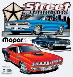 an advertisement for the street warriors featuring two classic muscle cars, one red and one blue