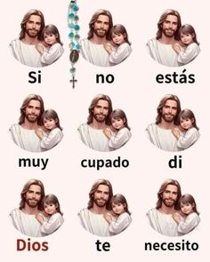 a poster with the names of jesus and his children in spanish, which includes pictures of them