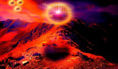 an image of a disco ball in the air above a mountain range with mountains and clouds