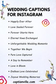 the wedding captions for instagram are displayed on a white background with flowers and birds