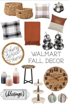 a collage of fall decor items including pumpkins, plaid pillows and throw pillows