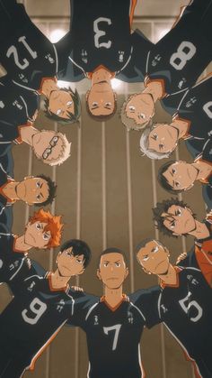 the anime team is standing in a circle with their faces drawn to look like they are looking