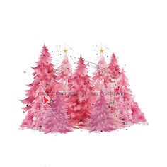 watercolor christmas trees with stars and sparkles on them, in pink hues