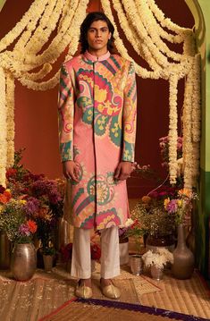 Siddhartha Bansal-Pink Royal Paisley Sherwani With Churidaar-INDIASPOPUP.COM Siddhartha Bansal, Pink Sherwani, Abstract Print Pattern, Ivory Pants, Embroidered Buttons, Sherwani Groom, Wedding Sherwani, Abstract Floral Print, Velvet Color