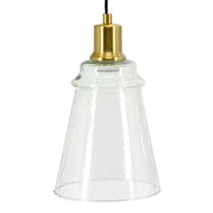 a clear glass and brass pendant light with a black cord hanging from the bottom, on a white background