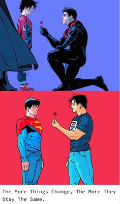 two comics one with superman and the other is saying that they are not in love