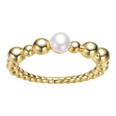 Decorated with polished 14k gold-over silver balls and a lustrous freshwater pearl center stone, this unique ring lends an elegant touch to your wardrobe. Decorated with polished 14k gold-over silver balls and a lustrous freshwater pearl center stone, this unique ring lends an elegant touch to your wardrobe. Width: 2.65 mm Metal: sterling silver Plating: 14k gold Finish: polished Packaging: boxedCULTURED PEARL DETAILS Type: freshwater Size: 4.5 mm Shape: round Color: white Gemstones may have bee Elegant Gold Stackable Pearl Ring, Classic Gold Stackable Pearl Rings, Elegant Stackable Yellow Gold Pearl Ring, Elegant Stackable Pearl Ring In Yellow Gold, Elegant Yellow Gold Stackable Pearl Ring, Yellow Gold Stackable Pearl Jewelry, Gold Pearl Stackable Rings For Anniversary, Elegant Pearl Stackable Rings, Elegant Round Pearl Stackable Rings