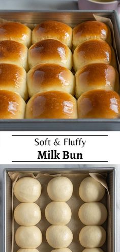 soft and fluffy milk buns in a baking pan, before and after being baked