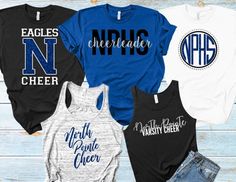 four shirts that say eagles, nn cheer and north carolina cheer on the front