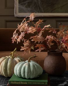 three decorative pumpkins sitting on top of a table next to a book and plant