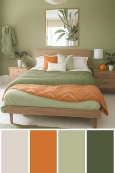 a bedroom with green and orange colors on the walls, white flooring and wooden furniture