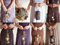 the bridesmaids are wearing different dresses and holding lanterns