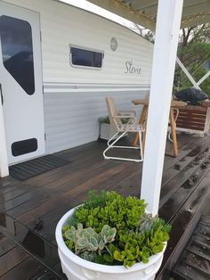 there is a potted plant on the deck outside of a camper that's parked