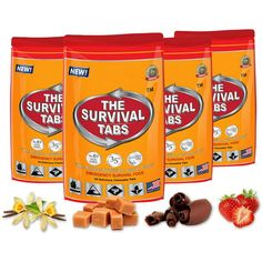 three bags of survival tabs with chocolate and strawberries next to them on a white background