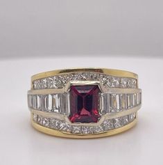 (eBay) Find many great new & used options and get the best deals for 18K Yellow/White Two Tone Garnet & Natural Baguette Princess Cut Diamond Ring at the best online prices at eBay! Free shipping for many products! Princess Cut Diamond Ring, Garnet And Diamond Ring, Diamond Ring Princess Cut, Princess Cut Diamond, Ruby Jewelry, Garnet Rings, Baguette Diamond, Princess Cut Diamonds, Princess Cut