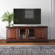 a living room scene with focus on the entertainment center and large screen television mounted to the wall