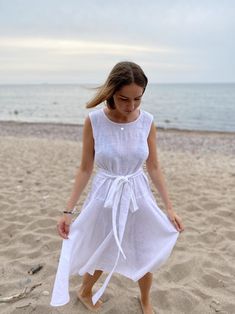 Vacation dress Summer linen dress Drop waist dress White | Etsy Flowy A-line Sleeveless Dress For Beach, Linen A-line Sleeveless Dress For Vacation, Flowy A-line Sleeveless Beach Dress, Summer Linen A-line Sleeveless Dress, Summer A-line Linen Dress For Vacation, Breezy Linen Midi Dress For Daywear, Summer Beach A-line Linen Dress, Breezy Linen Dress For Day Out, Summer Linen A-line Sundress