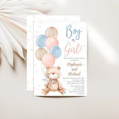 a baby shower card with a teddy bear holding balloons