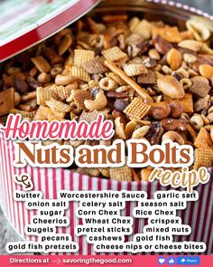 the recipe for homemade nuts and bolts is shown in a bowl with red striped paper