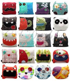 many different kinds of purses with faces on them