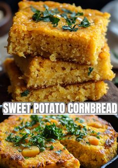 sweet potato cornbread is stacked on top of each other with the words, sweet potato cornbread