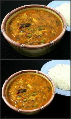 two pictures showing different types of food in a bowl and on the same plate as rice